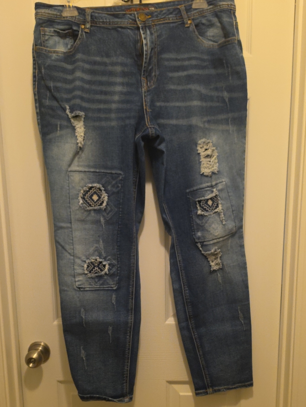 Distressed Blue Boyfriend Jeans with Patchwork Detail